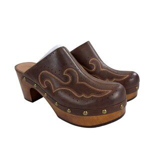 Frye Jessica Studded Clog Women Size 7.5 M Dark Brown Leather /Wood NEW